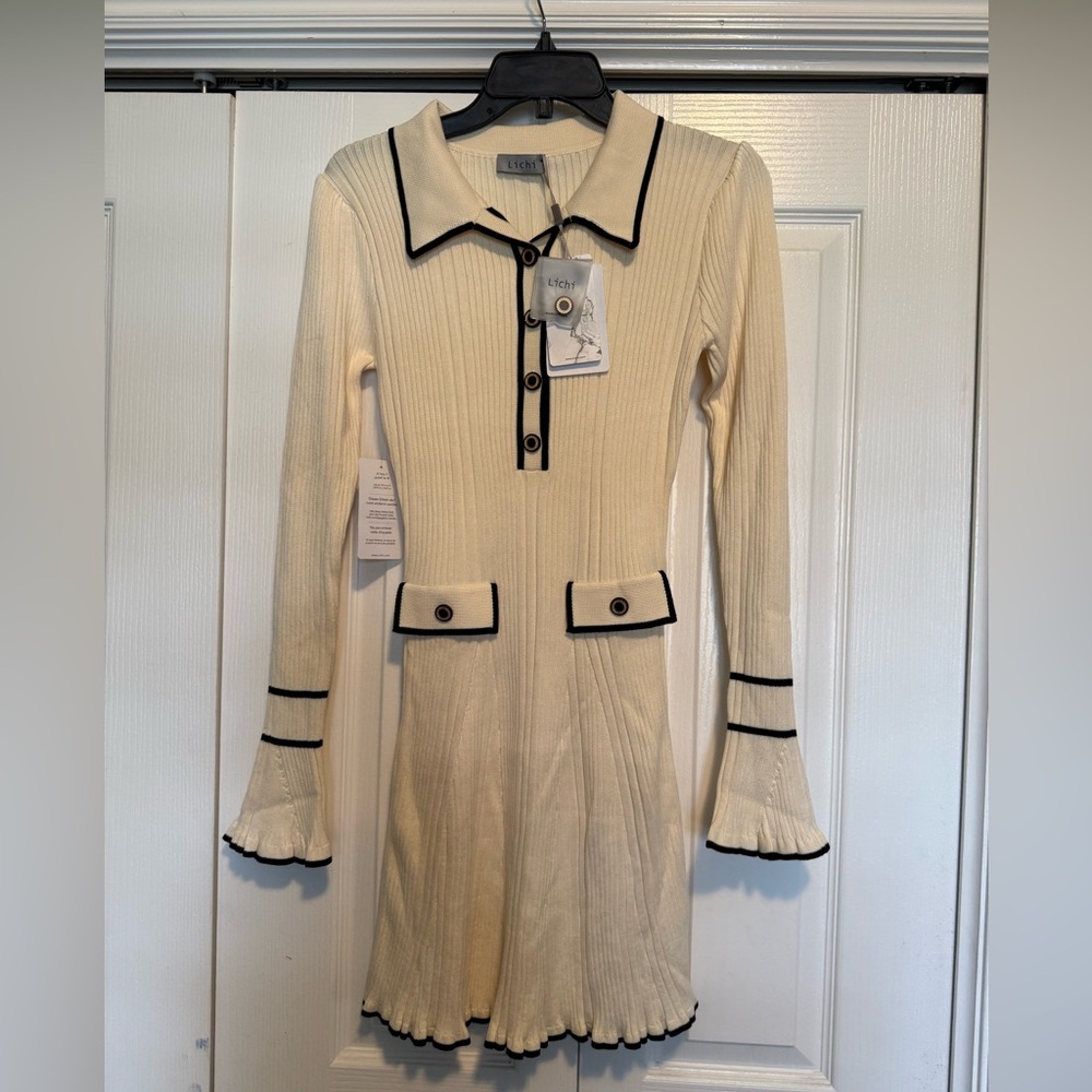 C. Luce Cream Long Sleeve Dress with Black Accents